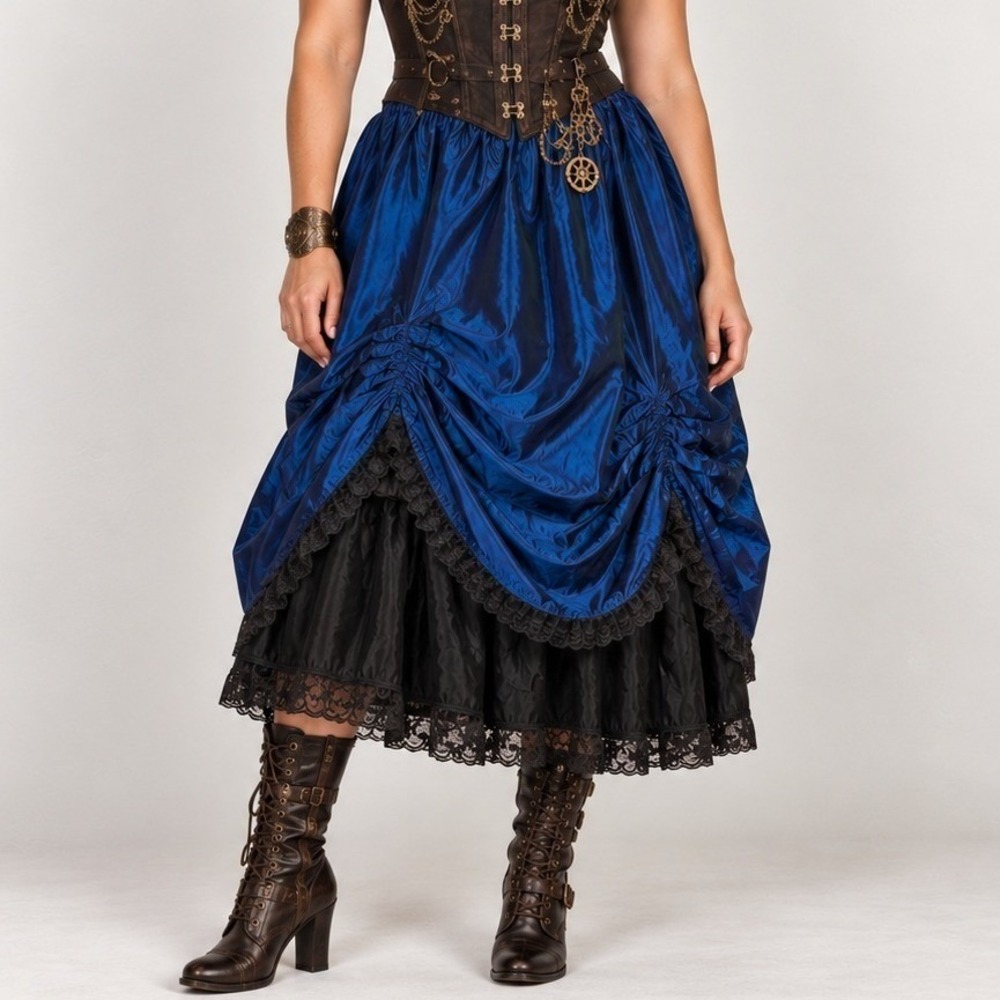 Recollections Skirt Womens 2XL Blue Satin Maxi Lace Steampunk Saloon Costume